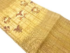 手織り真綿紬格子に抽象草花模様織出し名古屋帯